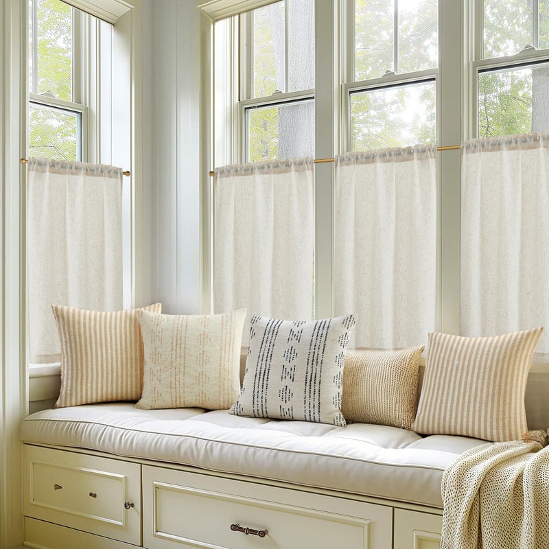 jinchan Beige Linen Kitchen Curtains 36 Inch Tier Curtains Farmhouse Cafe Light Filtering Small Window Drapes Flax Country Rustic Rod Pocket Bathroom Laundry Room RV 2 Panels Crude - Image 3